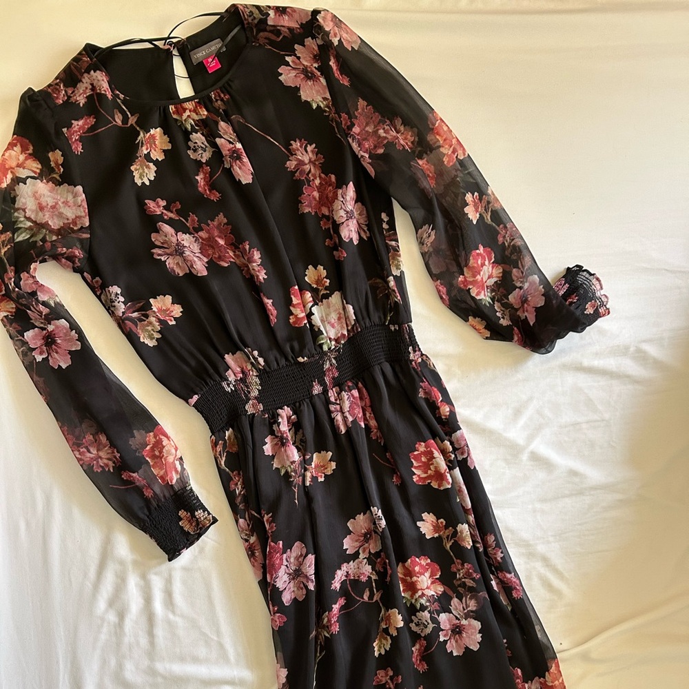 Vince Camuto Black and Pink Floral Long Sleeve Dress